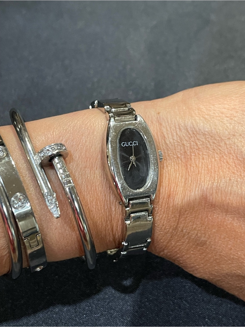 Gucci Silver Bracelet Watch with Black Oval Dial